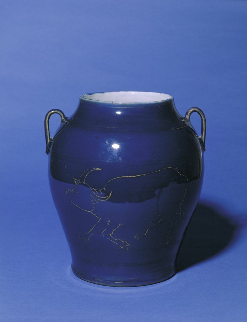 图片[1]-Sacrificial blue glaze gold color ox pattern double series pot-China Archive